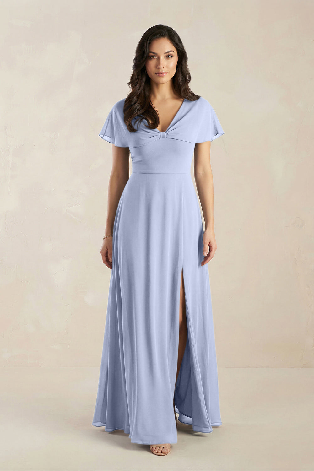 A-Line Short Sleeve Chiffon V-Neck Bridesmaid Dress in Ice