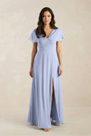 A-Line Short Sleeve Chiffon V-Neck Bridesmaid Dress in Ice | KISSBRIDAL