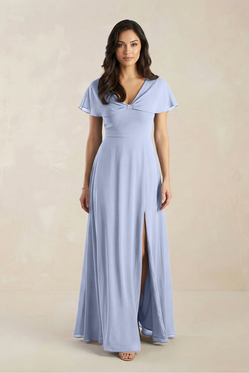 A-Line Short Sleeve Chiffon V-Neck Bridesmaid Dress in Ice | KISSBRIDAL