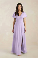 A - Line Short Sleeve Chiffon V - Neck Bridesmaid Dress in Lavender - SHE IS ME Bridesmaid Dresses
