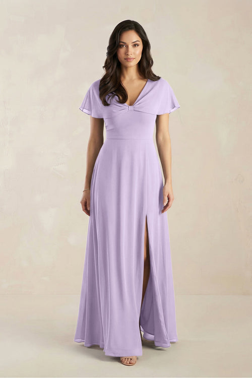 A - Line Short Sleeve Chiffon V - Neck Bridesmaid Dress in Lavender - SHE IS ME Bridesmaid Dresses