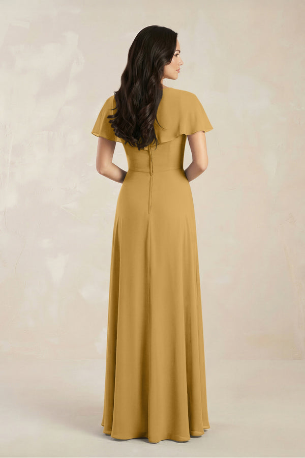 A-Line Short Sleeve Chiffon V-Neck Bridesmaid Dress in Marigold (2) | KISSBRIDAL