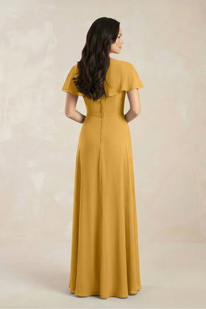 A - Line Short Sleeve Chiffon V - Neck Bridesmaid Dress in Marigold - SHE IS ME Bridesmaid Dresses