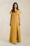 A - Line Short Sleeve Chiffon V - Neck Bridesmaid Dress in Marigold - SHE IS ME Bridesmaid Dresses