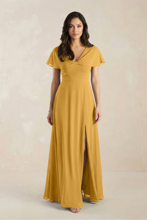 A - Line Short Sleeve Chiffon V - Neck Bridesmaid Dress in Marigold - SHE IS ME Bridesmaid Dresses