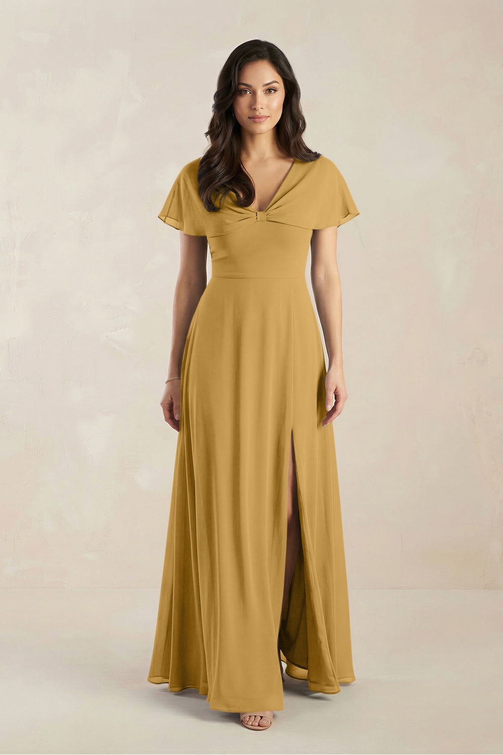A-Line Short Sleeve Chiffon V-Neck Bridesmaid Dress in Marigold