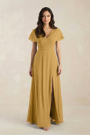 A-Line Short Sleeve Chiffon V-Neck Bridesmaid Dress in Marigold | KISSBRIDAL