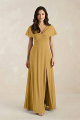 A-Line Short Sleeve Chiffon V-Neck Bridesmaid Dress in Marigold | KISSBRIDAL