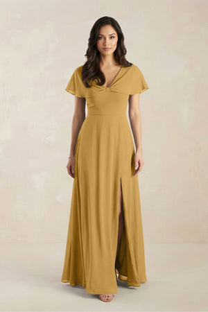 A-Line Short Sleeve Chiffon V-Neck Bridesmaid Dress in Marigold | KISSBRIDAL