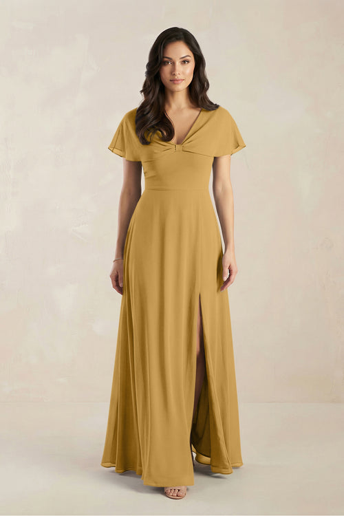 A-Line Short Sleeve Chiffon V-Neck Bridesmaid Dress in Marigold | KISSBRIDAL