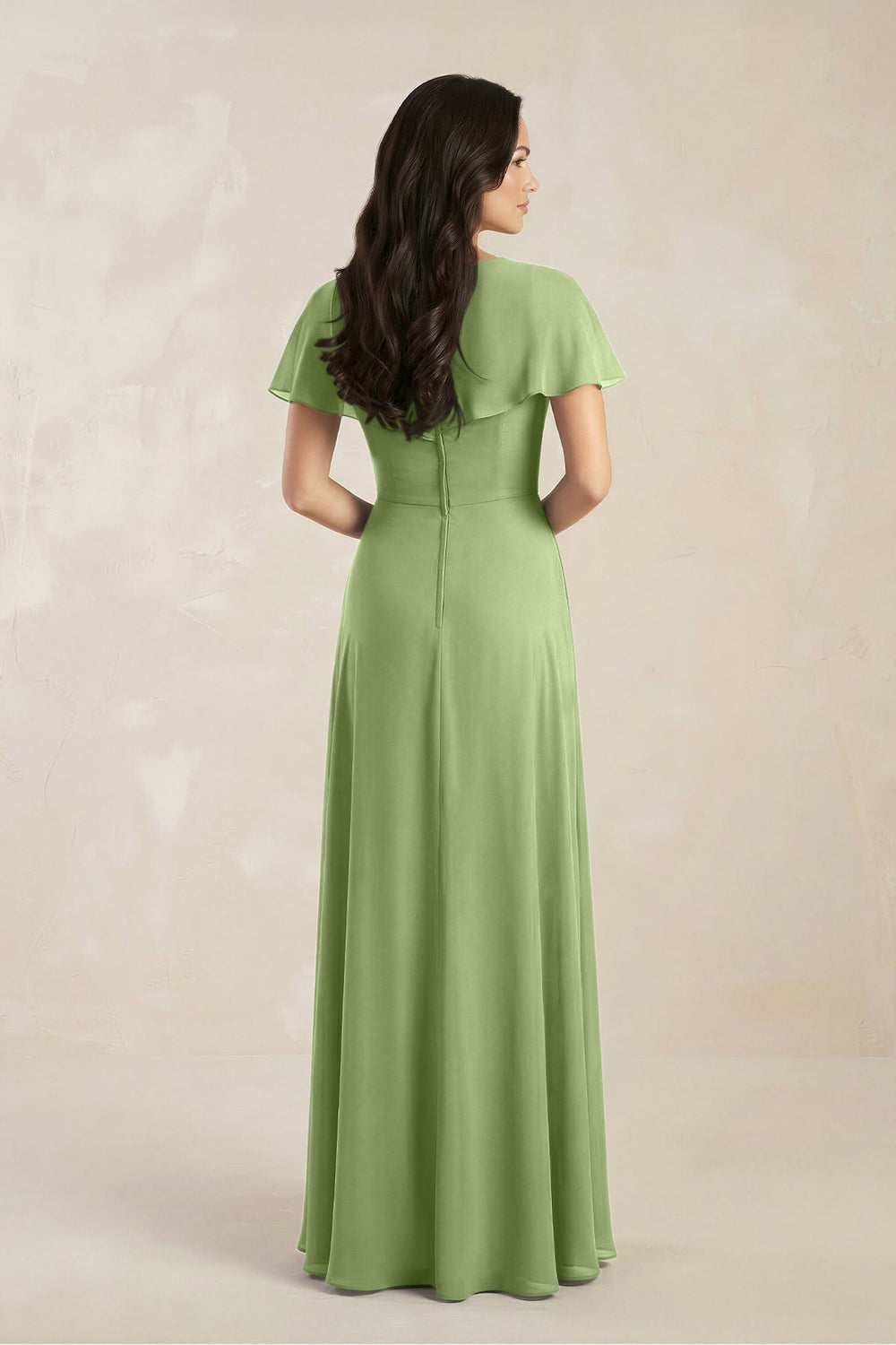 A - Line Short Sleeve Chiffon V - Neck Bridesmaid Dress in Matcha - KISS BRIDAL Bridesmaid Dresses