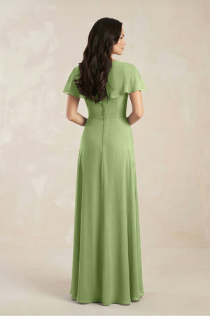 A - Line Short Sleeve Chiffon V - Neck Bridesmaid Dress in Matcha - SHE IS ME Bridesmaid Dresses