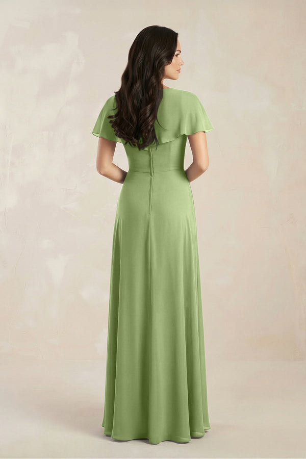 A - Line Short Sleeve Chiffon V - Neck Bridesmaid Dress in Matcha - SHE IS ME Bridesmaid Dresses