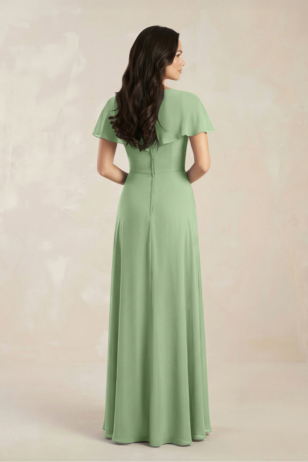 A-Line Short Sleeve Chiffon V-Neck Bridesmaid Dress in Matcha
