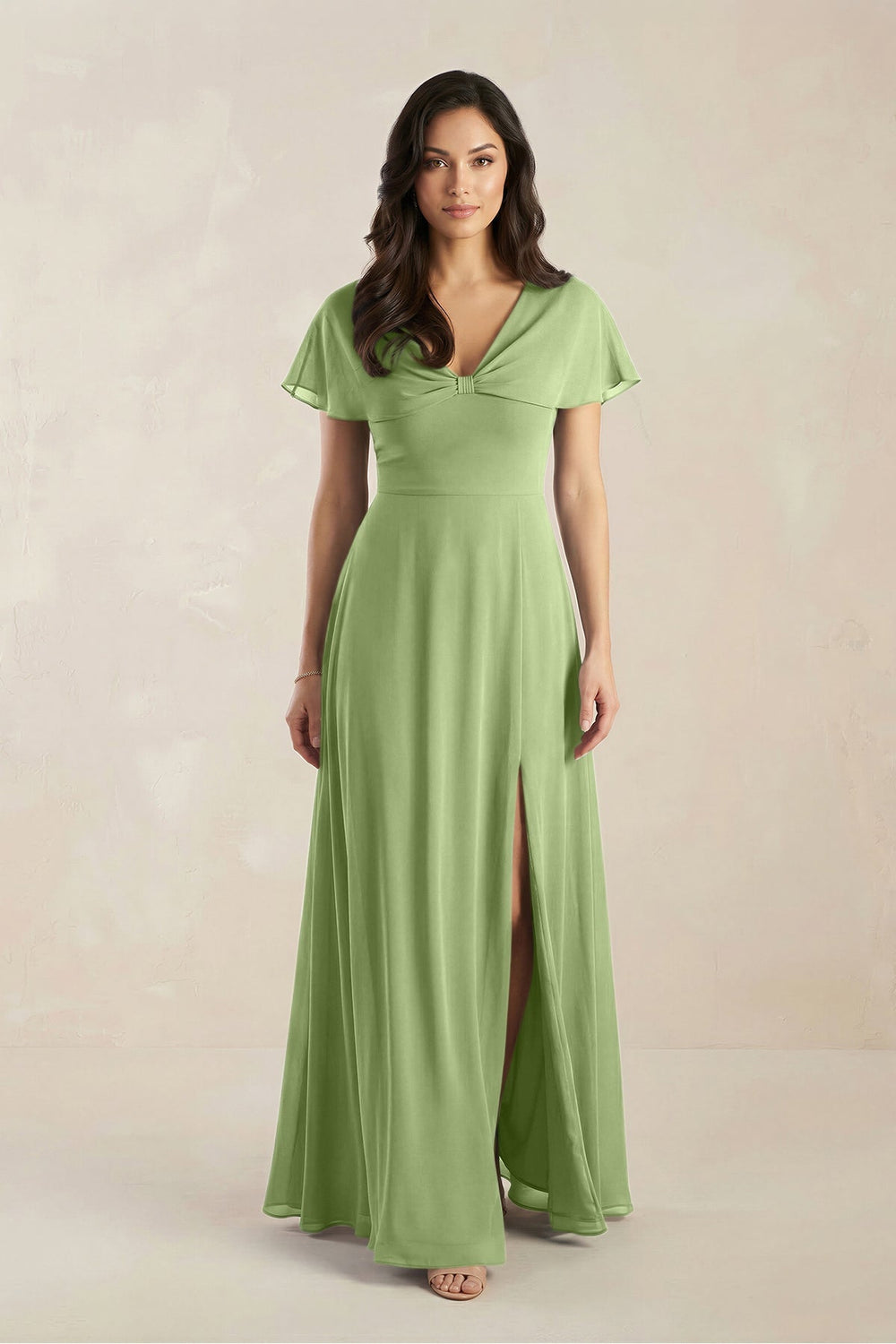 A - Line Short Sleeve Chiffon V - Neck Bridesmaid Dress in Matcha - KISS BRIDAL Bridesmaid Dresses