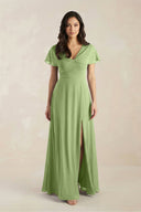 A - Line Short Sleeve Chiffon V - Neck Bridesmaid Dress in Matcha - SHE IS ME Bridesmaid Dresses