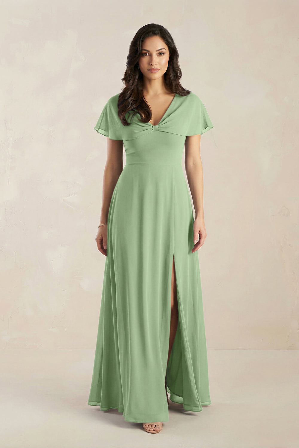 A-Line Short Sleeve Chiffon V-Neck Bridesmaid Dress in Matcha