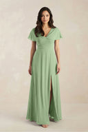 A-Line Short Sleeve Chiffon V-Neck Bridesmaid Dress in Matcha | KISSBRIDAL