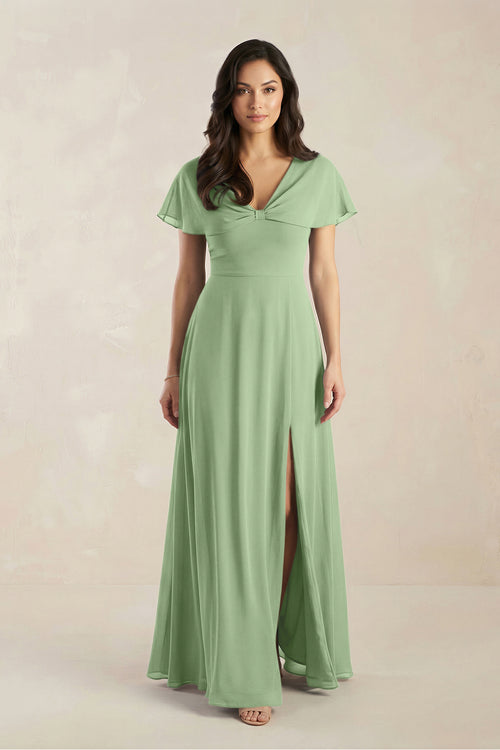A-Line Short Sleeve Chiffon V-Neck Bridesmaid Dress in Matcha | KISSBRIDAL