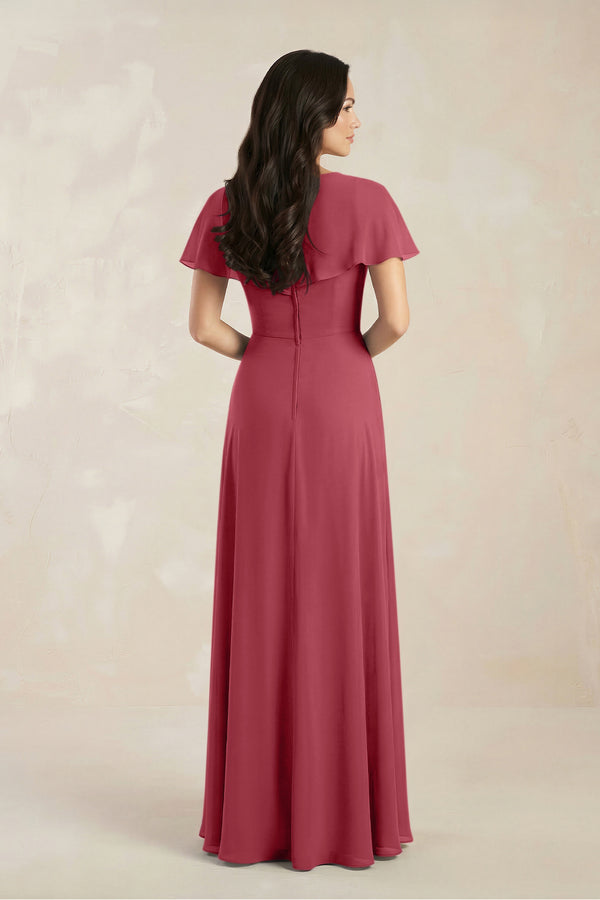 A-Line Short Sleeve Chiffon V-Neck Bridesmaid Dress in Merlot (2) | KISSBRIDAL