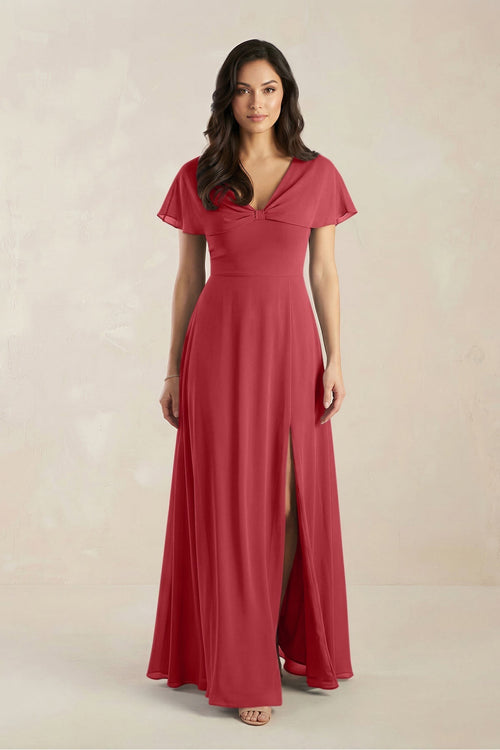 A - Line Short Sleeve Chiffon V - Neck Bridesmaid Dress in Merlot - SHE IS ME Bridesmaid Dresses