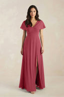 A-Line Short Sleeve Chiffon V-Neck Bridesmaid Dress in Merlot | KISSBRIDAL