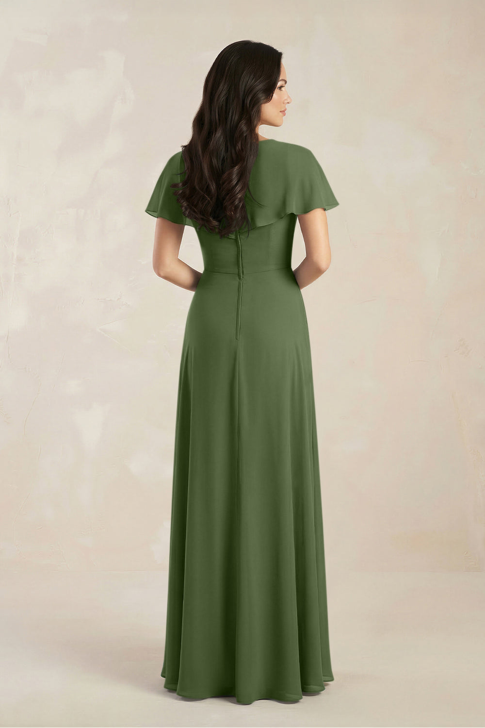 A-Line Short Sleeve Chiffon V-Neck Bridesmaid Dress in Moss