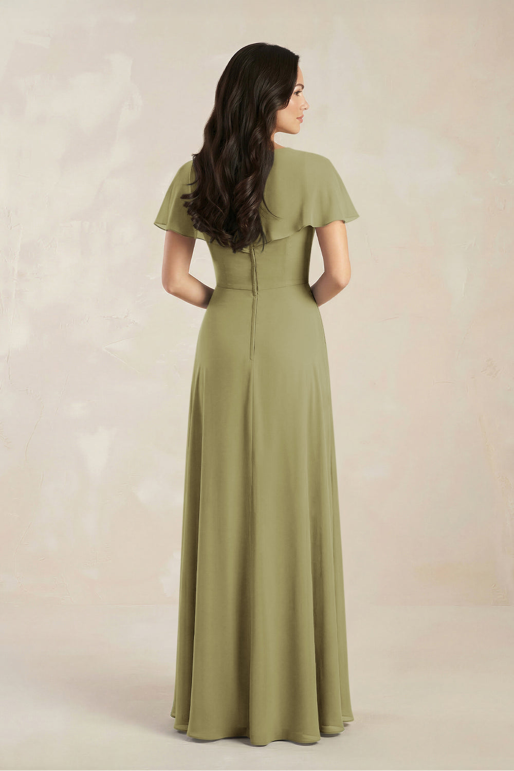 A-Line Short Sleeve Chiffon V-Neck Bridesmaid Dress in Moss Green