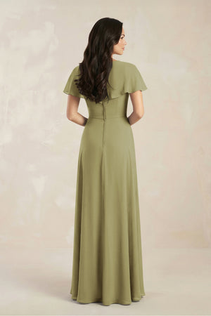 A-Line Short Sleeve Chiffon V-Neck Bridesmaid Dress in Moss Green (2) | KISSBRIDAL