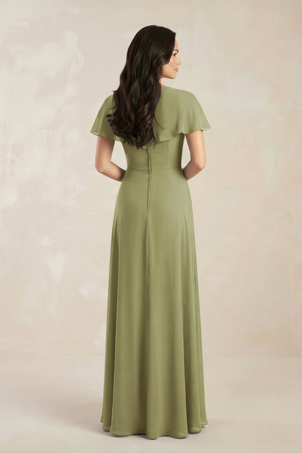 A - Line Short Sleeve Chiffon V - Neck Bridesmaid Dress in Moss Green - SHE IS ME Bridesmaid Dresses