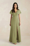 A - Line Short Sleeve Chiffon V - Neck Bridesmaid Dress in Moss Green - SHE IS ME Bridesmaid Dresses