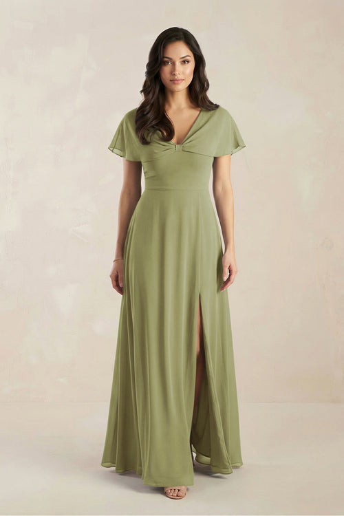 A - Line Short Sleeve Chiffon V - Neck Bridesmaid Dress in Moss Green - SHE IS ME Bridesmaid Dresses