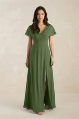 A-Line Short Sleeve Chiffon V-Neck Bridesmaid Dress in Moss | KISSBRIDAL