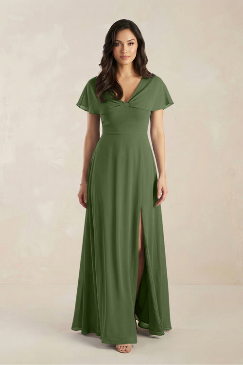 A-Line Short Sleeve Chiffon V-Neck Bridesmaid Dress in Moss | KISSBRIDAL