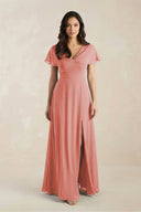 A - Line Short Sleeve Chiffon V - Neck Bridesmaid Dress in Mulberry - SHE IS ME Bridesmaid Dresses
