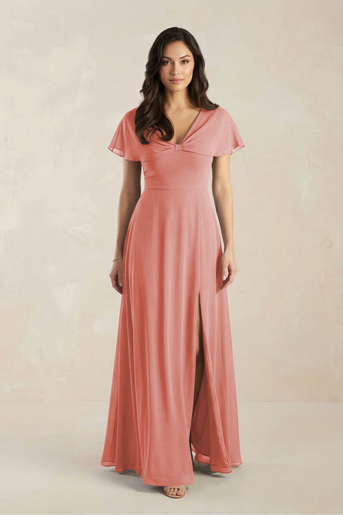 A - Line Short Sleeve Chiffon V - Neck Bridesmaid Dress in Mulberry - SHE IS ME Bridesmaid Dresses