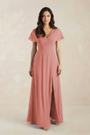 A-Line Short Sleeve Chiffon V-Neck Bridesmaid Dress in Mulberry | KISSBRIDAL