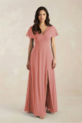 A-Line Short Sleeve Chiffon V-Neck Bridesmaid Dress in Mulberry | KISSBRIDAL