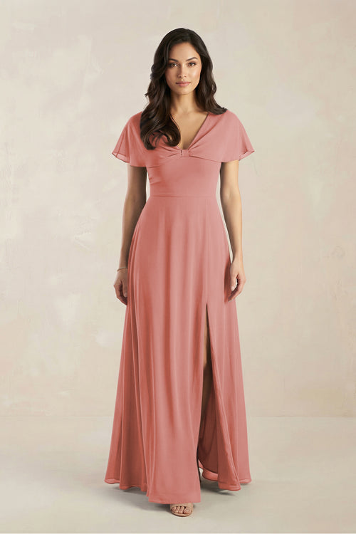 A-Line Short Sleeve Chiffon V-Neck Bridesmaid Dress in Mulberry | KISSBRIDAL