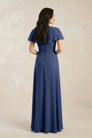 A - Line Short Sleeve Chiffon V - Neck Bridesmaid Dress in Navy - SHE IS ME Bridesmaid Dresses