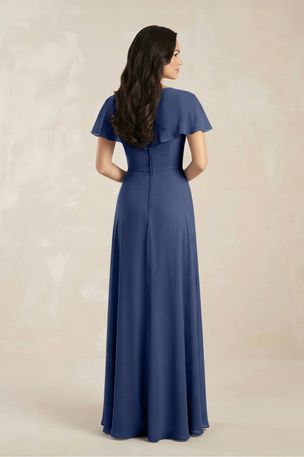 A - Line Short Sleeve Chiffon V - Neck Bridesmaid Dress in Navy - SHE IS ME Bridesmaid Dresses