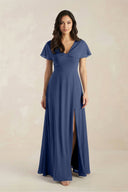 A - Line Short Sleeve Chiffon V - Neck Bridesmaid Dress in Navy - SHE IS ME Bridesmaid Dresses