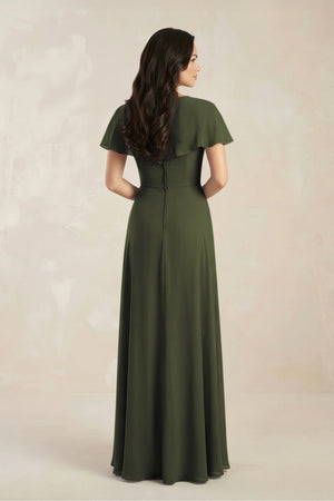 A-Line Short Sleeve Chiffon V-Neck Bridesmaid Dress in Olive (2) | KISSBRIDAL