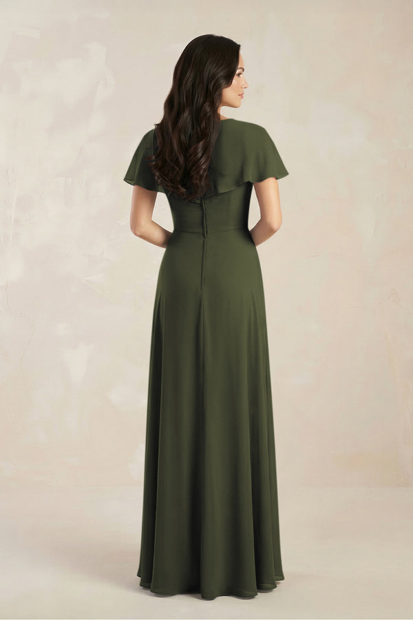A-Line Short Sleeve Chiffon V-Neck Bridesmaid Dress in Olive (2) | KISSBRIDAL