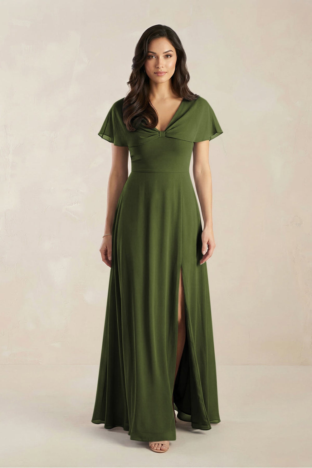 A - Line Short Sleeve Chiffon V - Neck Bridesmaid Dress in Olive - KISS BRIDAL Bridesmaid Dresses