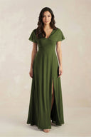 A - Line Short Sleeve Chiffon V - Neck Bridesmaid Dress in Olive - SHE IS ME Bridesmaid Dresses