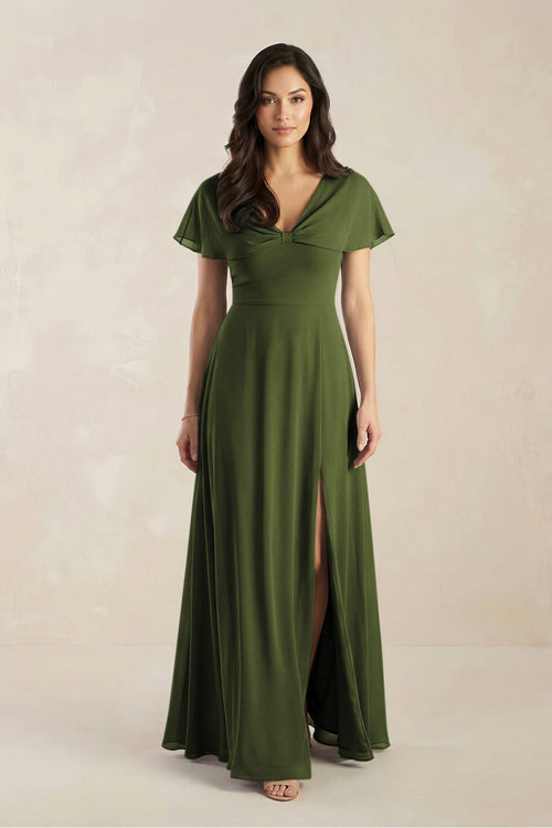 A - Line Short Sleeve Chiffon V - Neck Bridesmaid Dress in Olive - SHE IS ME Bridesmaid Dresses