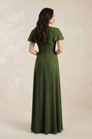 A - Line Short Sleeve Chiffon V - Neck Bridesmaid Dress in Olive - SHE IS ME Bridesmaid Dresses