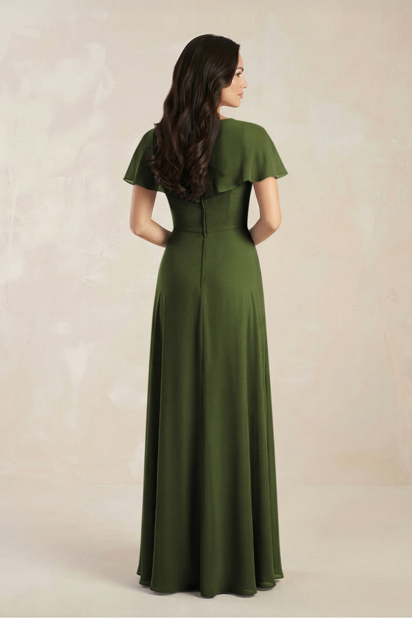 A - Line Short Sleeve Chiffon V - Neck Bridesmaid Dress in Olive - SHE IS ME Bridesmaid Dresses