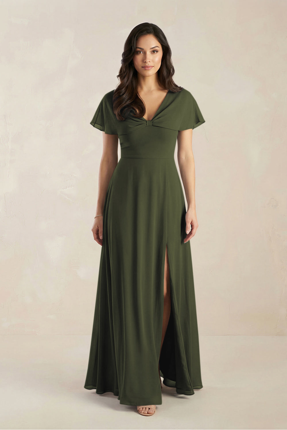 A-Line Short Sleeve Chiffon V-Neck Bridesmaid Dress in Olive
